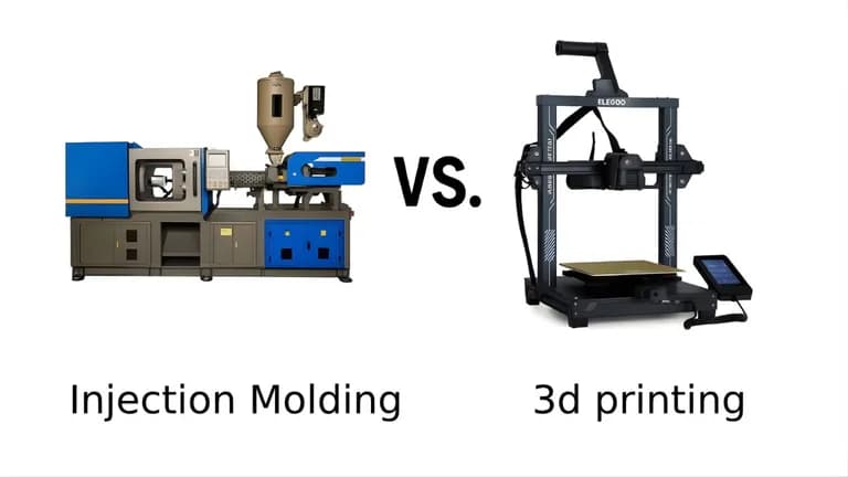 A visual comparison between an industrial injection molding machine and a 3D printer, used by ATPL to explain modern plastic manufacturing methods to factory owners in India.