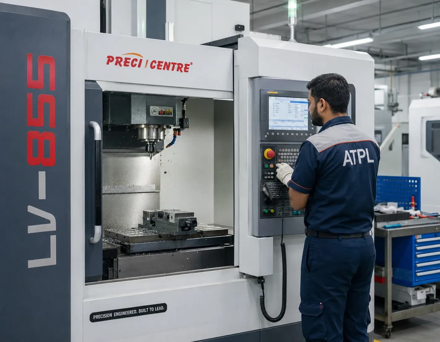 ATPL engineer maintaining the Precicentre LV-855 CNC vertical machining center to provide precise manufacturing of automotive components.