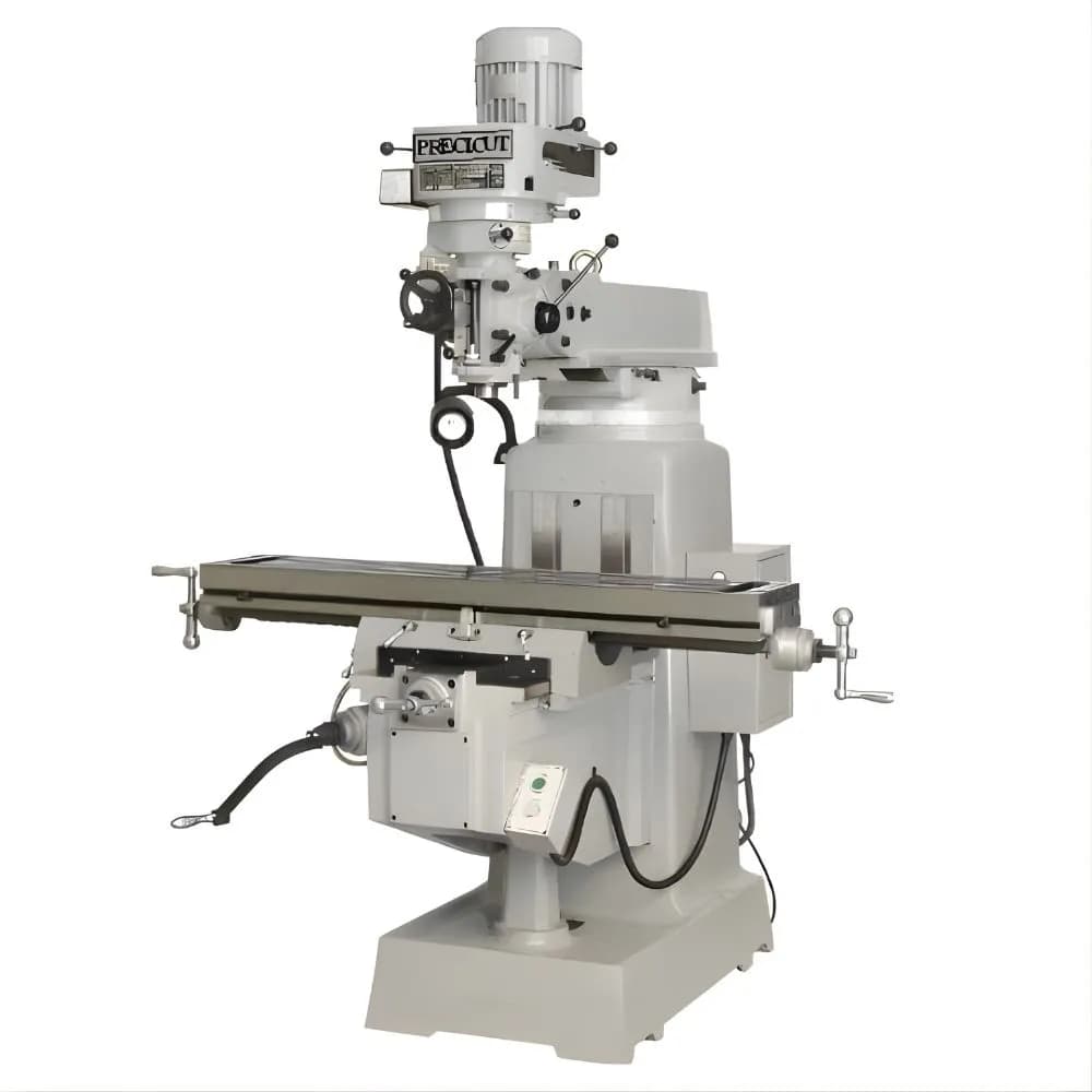 A heavy-duty Precicut Milling Machine with a digital readout (DRO) and rigid Meehanite column. This Taiwan-imported vertical milling machine offers clutchless operation, low maintenance, and high ROI for industrial M1TR machine applications.