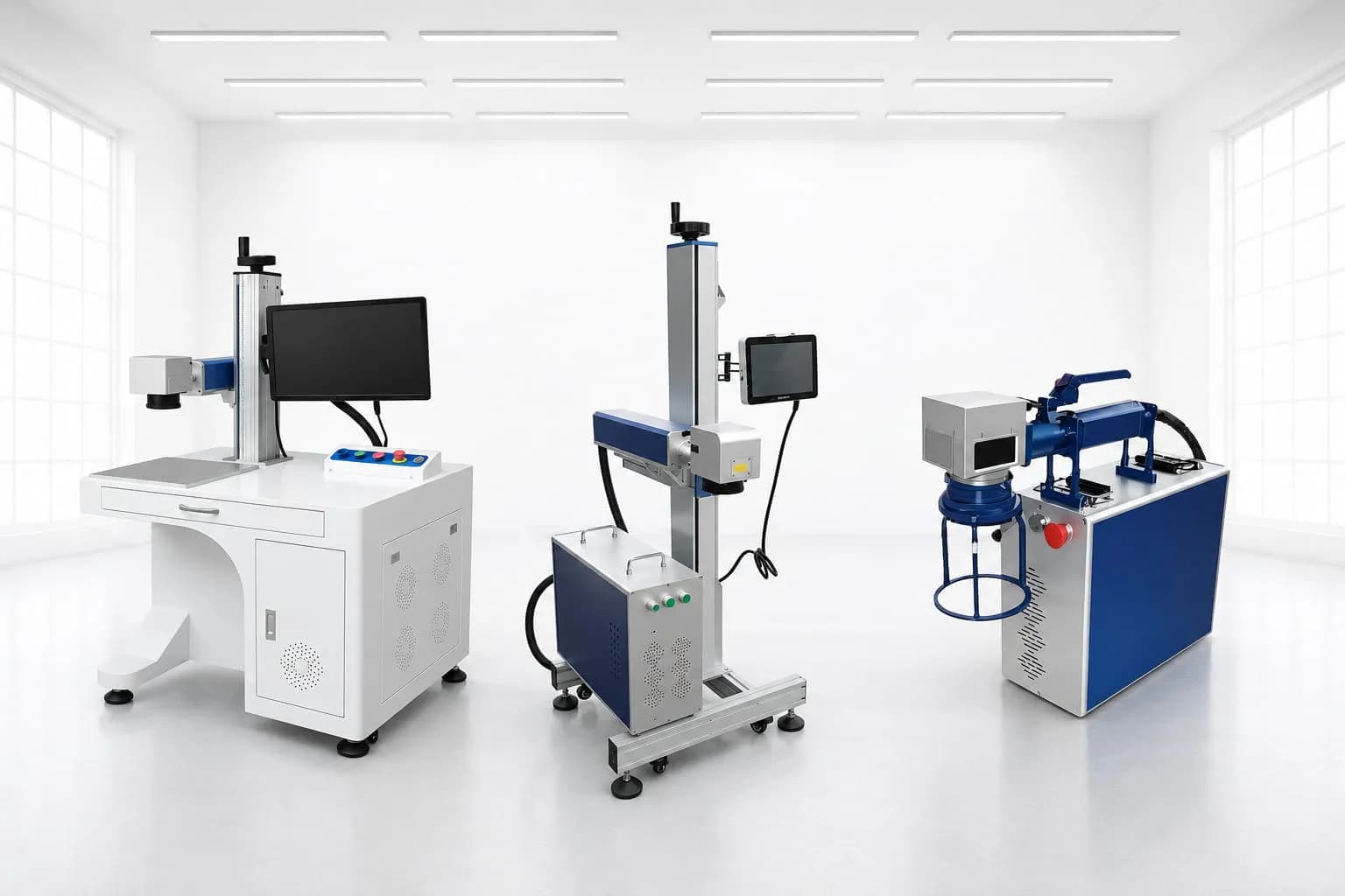 Fiber laser marking and engraving machine units including split cabinet and handheld configurations for industrial marking.