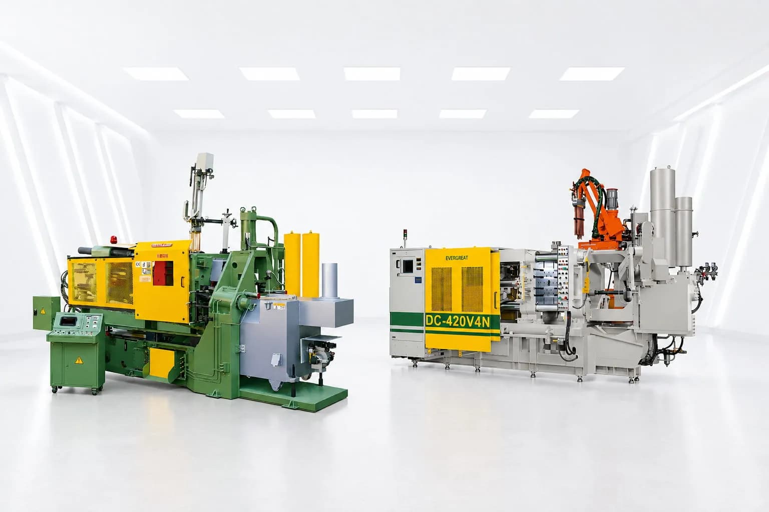 Hot chamber die casting machine P130 and horizontal cold chamber machine DC-250 for aluminum and zinc parts manufacturing.