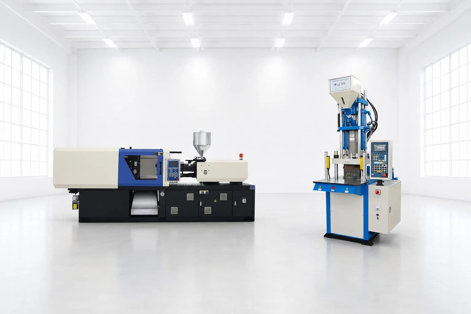 Plastic injection molding machine PM-100S and vertical machine MPT-150.