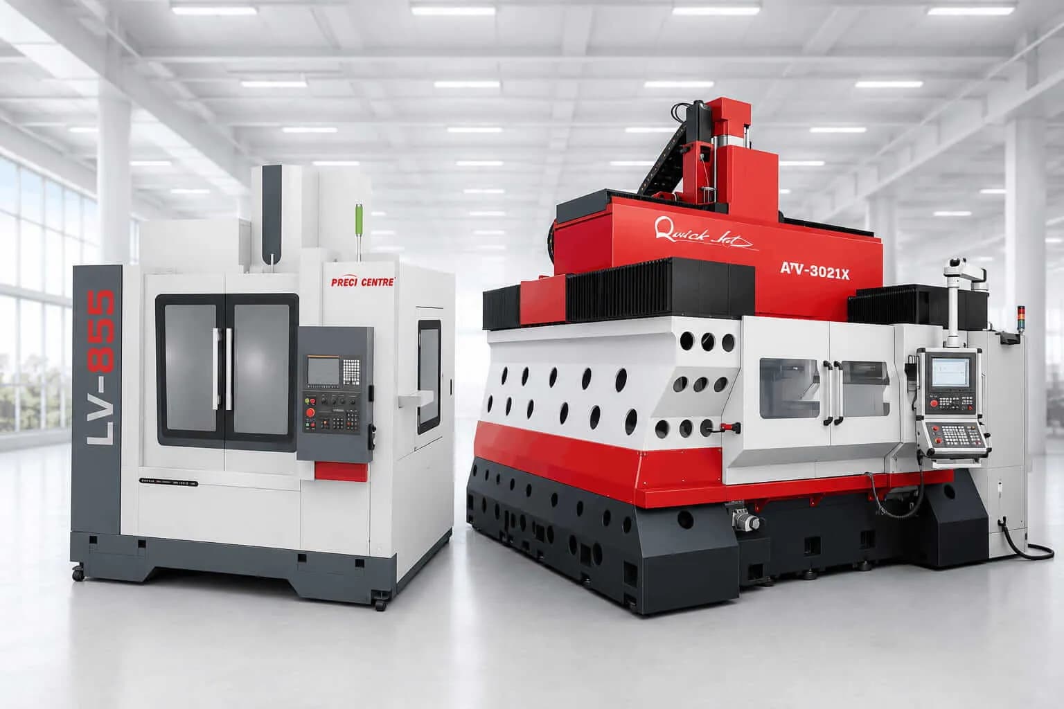 5 axis cnc milling machine AV3021X and LV855 VMC in place at workshop for automotive parts manufacturing.