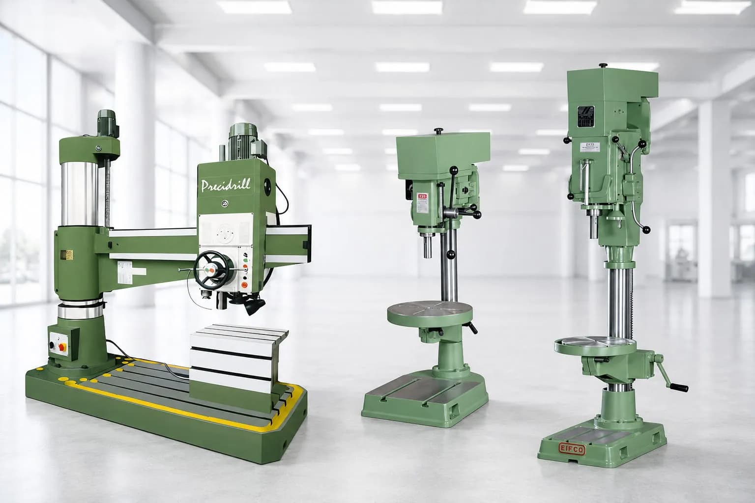 Heavy duty radial drill machine and pillar type bench drill machines at shop floor for metal drilling purposes.