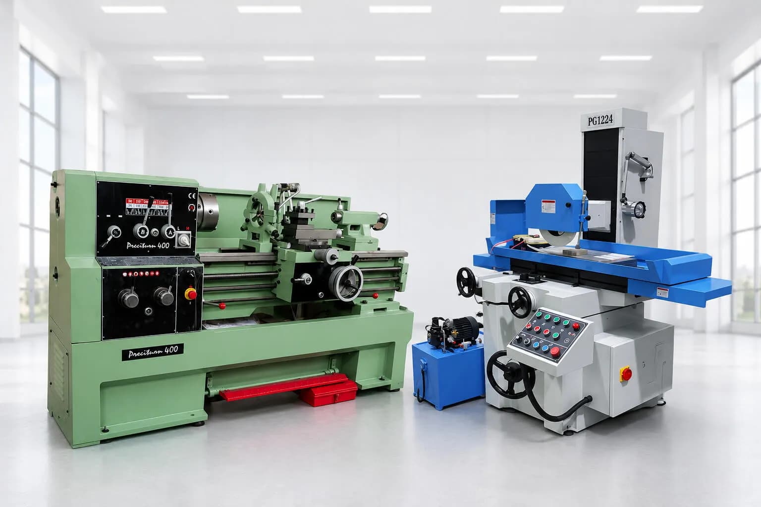 Heavy duty surface grinding machine and lathe machine for machining and grinding.
